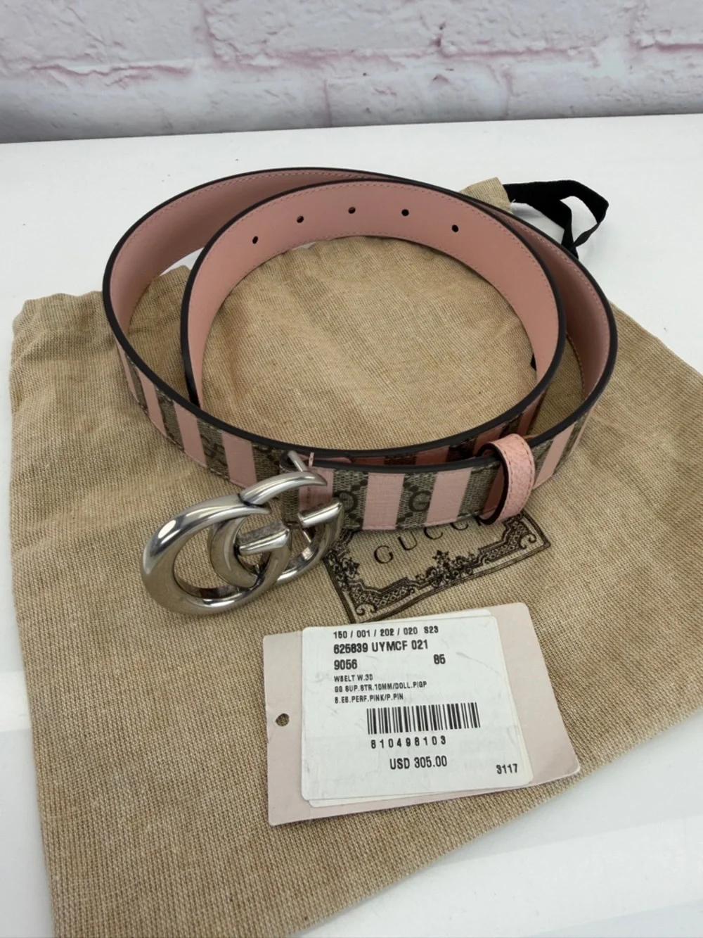 Gucci Pink Striped GG Logo Buckle Belt Marmont 625839 85/34